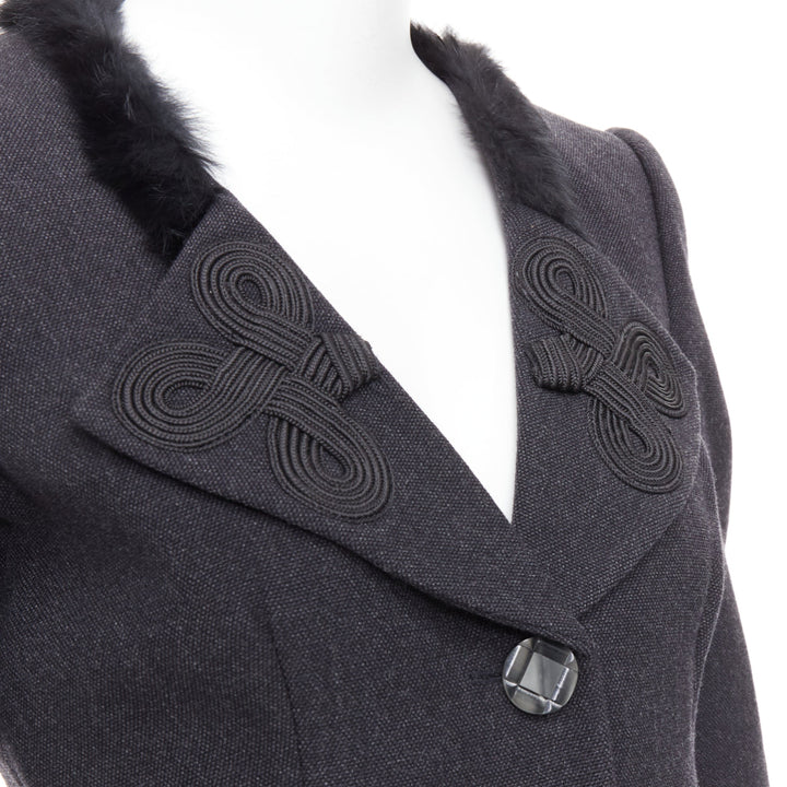 EMPORIO ARMANI grey virgin wool fur trim totem applique crop blazer IT42 M