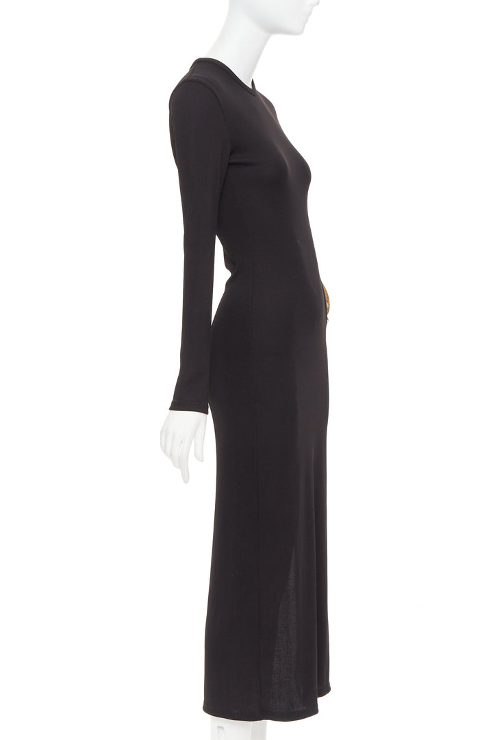 CHRISTOPHER ESBER black ribbed brown floral acrylic cut out bodycon dress UK6 XS