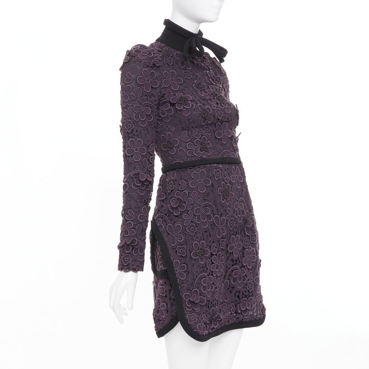 MIU MIU 2010 Runway lilac purple 3D crochet flower lace bow collar mini dress S