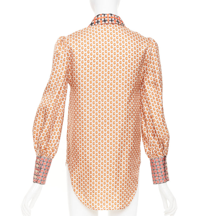 GUCCI Romain GG mixed print geometric pussy bow silk twill shirt blouse IT36 XXS