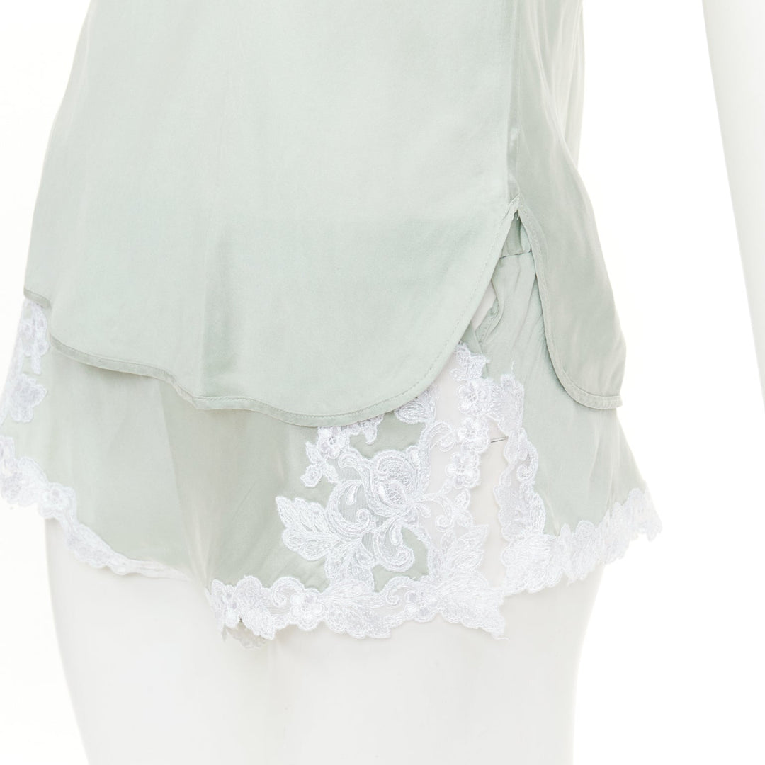 LA PERLA Maison pale green lace silk blend pajama camisole shorts set FR38 M