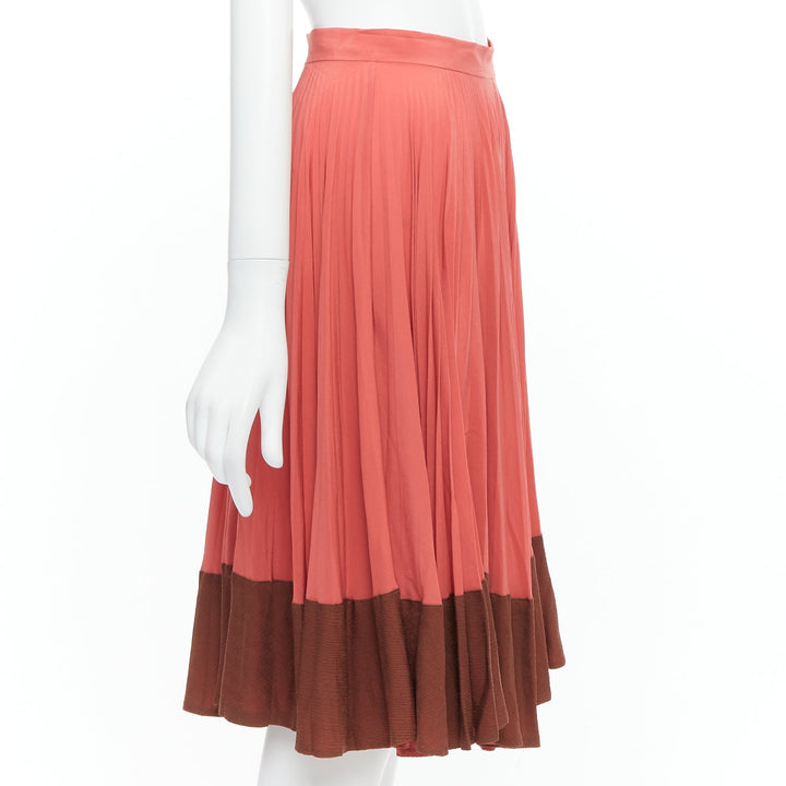 FENDI Vintage 100% silk  pink brown colorblock pleated midi skirt IT36 XXS