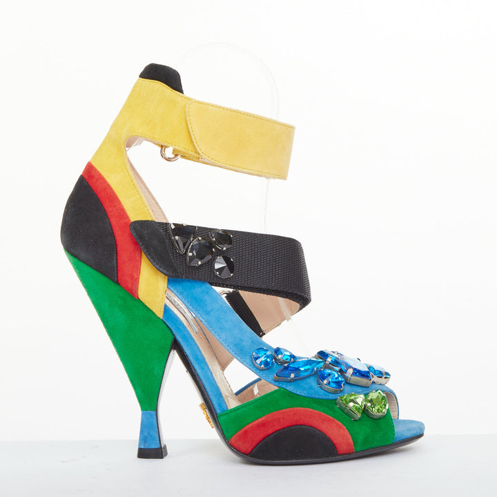 rare PRADA 2014 Runway asymmetric jewel colorblock suede heel sandals EU38 US8