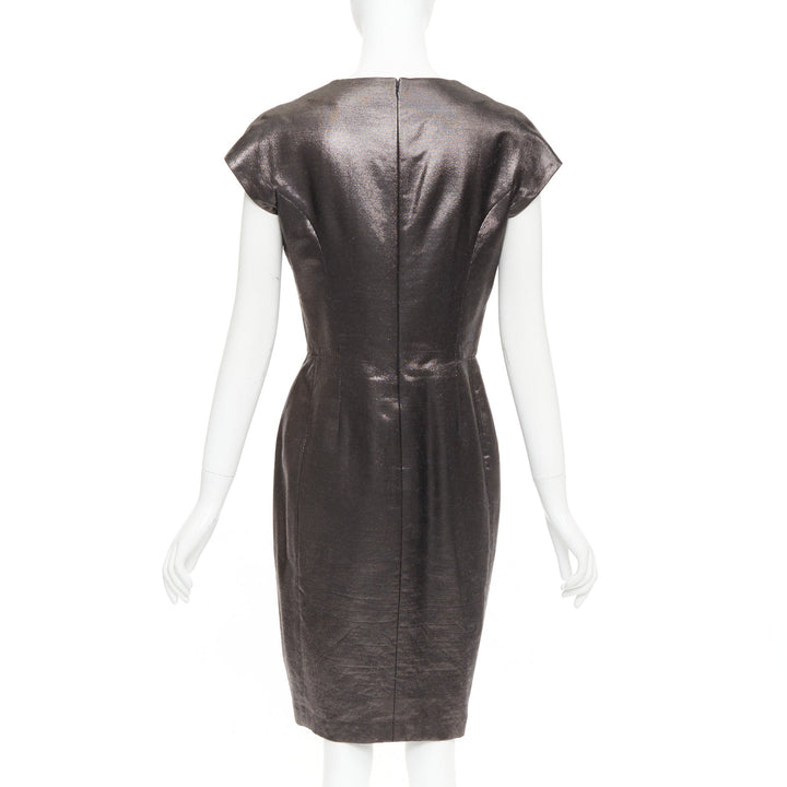YVES SAINT LAURENT 2009 bronze metallic look V neck sheath dress FR40 S