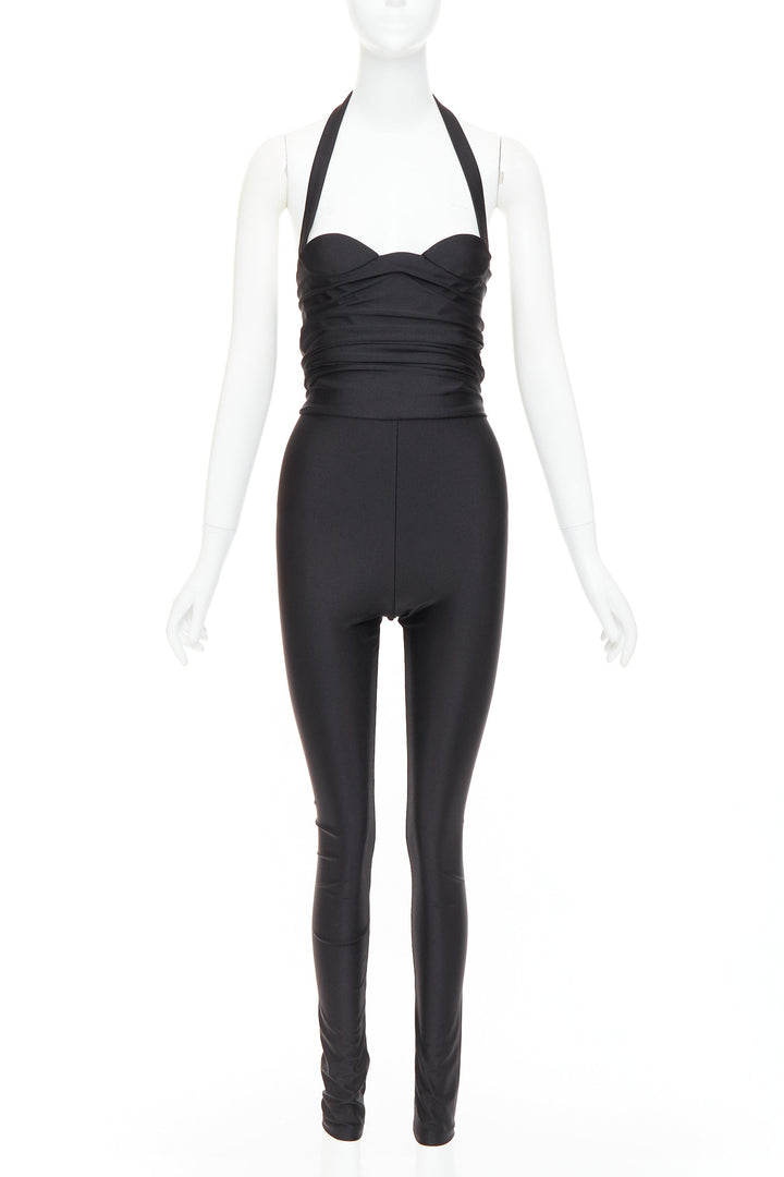 SAINT LAURENT 2022 Runway black halter sweetheart ruched catsuit bodysuit Sz 2 M