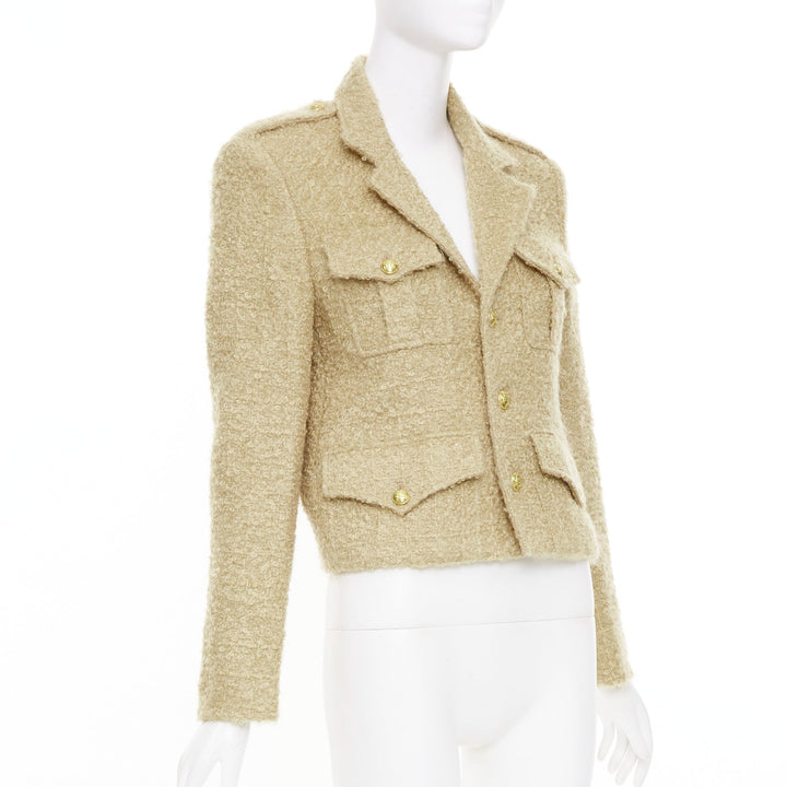 CELINE 2023 Chasseur Jacket beige mohair boucle military crop jacket FR38 M