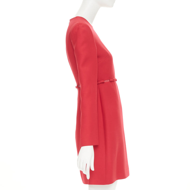 VALENTINO  red wool silk crepe ribbon mesh waist cocktail dress IT40 S