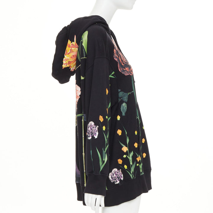 VALENTINO black cotton oversized macro rose floral print pouch hoodie M