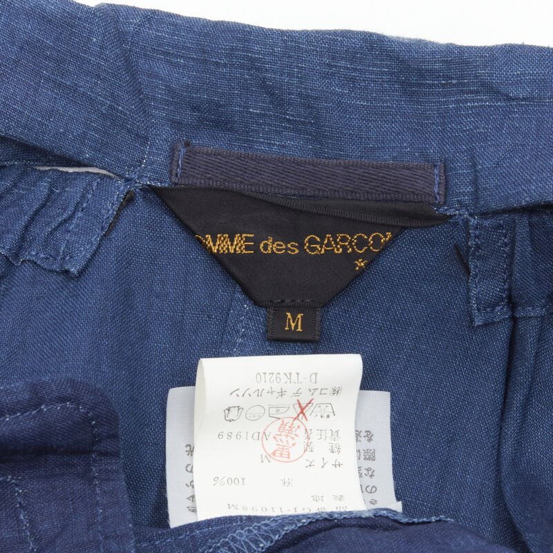 vintage COMME DES GARCONS 1989 blue linen ruched sleeve cut out top shorts set M