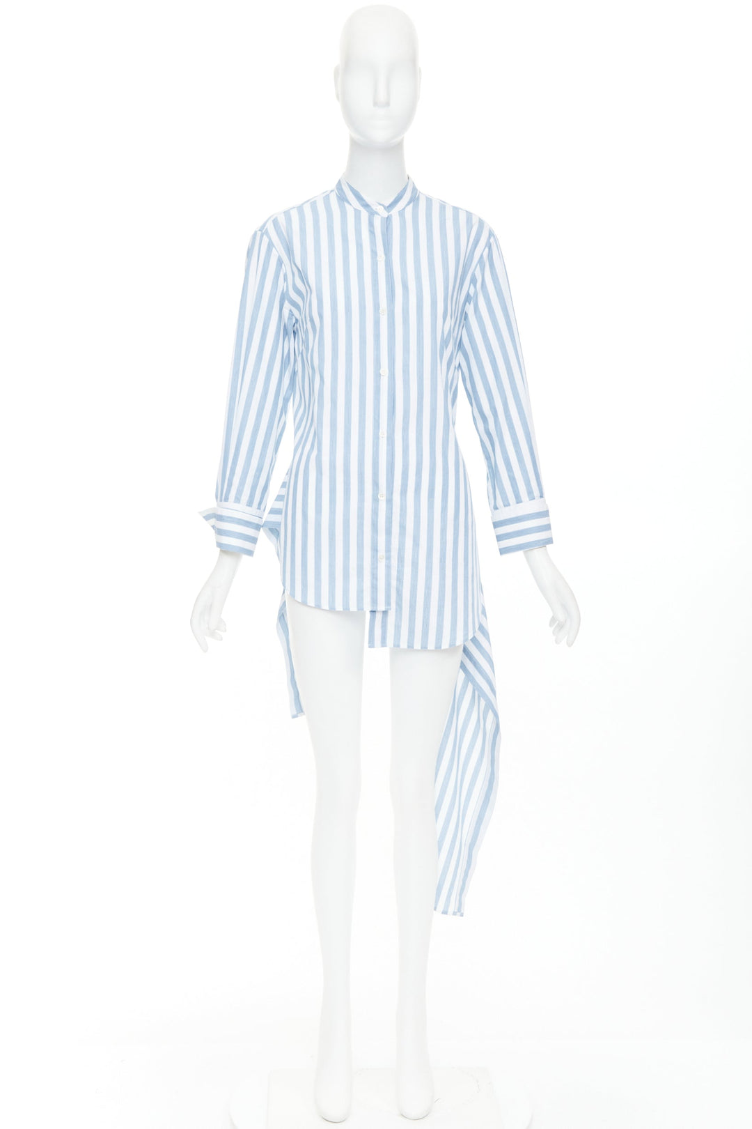 MONSE blue white striped cotton asymmetric hem draped dress shirt US0 XS