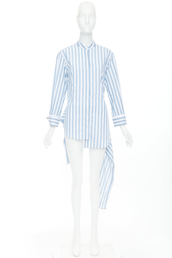MONSE blue white striped cotton asymmetric hem draped dress shirt US0 XS