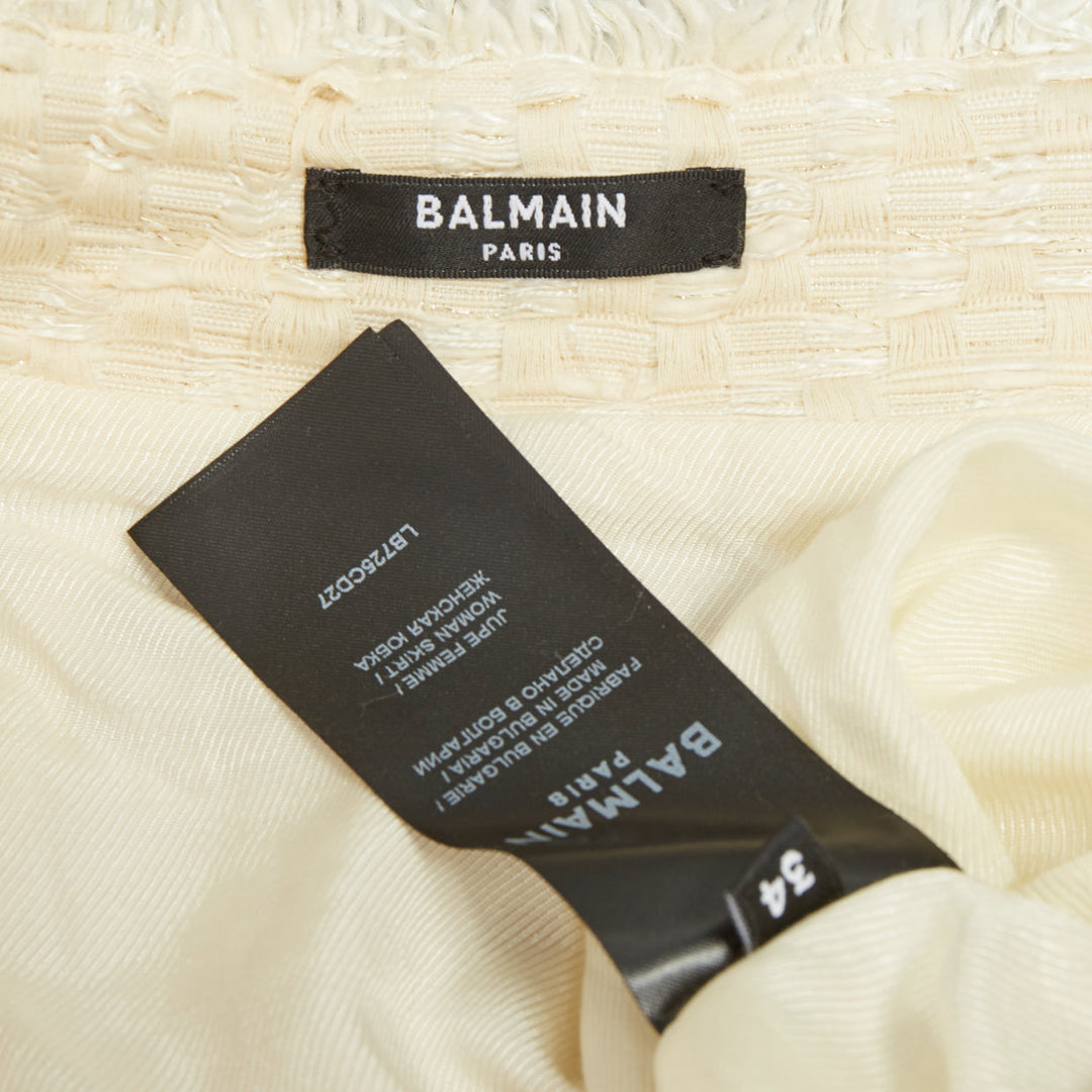 BALMAIN cream frayed pleated cotton tweed curved waist skater skirt FR34 XXS
