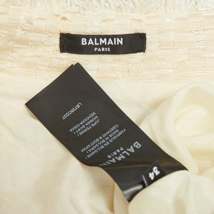 BALMAIN cream frayed pleated cotton tweed curved waist skater skirt FR34 XXS
