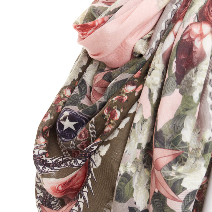 GIVENCHY Riccardo Tisci pink olive green wool silk rose print fringed trim scarf