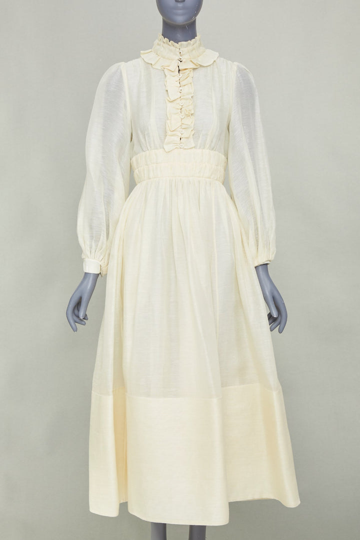 ZIMMERMANN 2021 Luminous ruffle trim cream linen silk midi dress Sz1 S