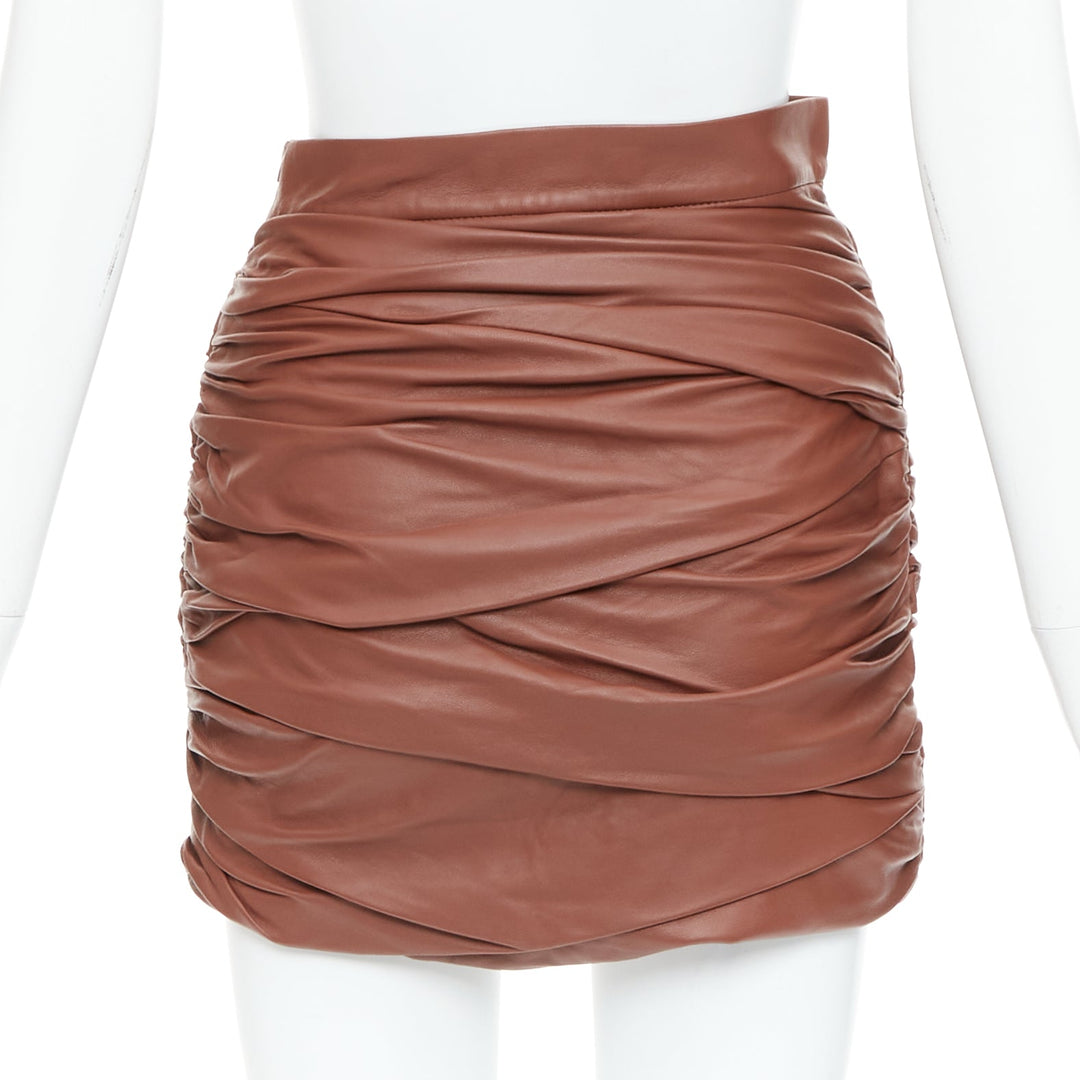 ZEYNEP ARCAY brown lambskin gathered ruched silk lined mini skirt FR34 XS