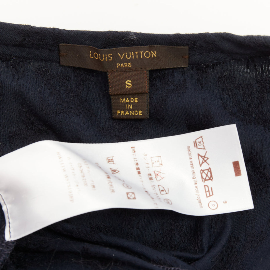 LOUIS VUITTON black monogram denim ruffle keyhole cap sleeve peplum blouse S