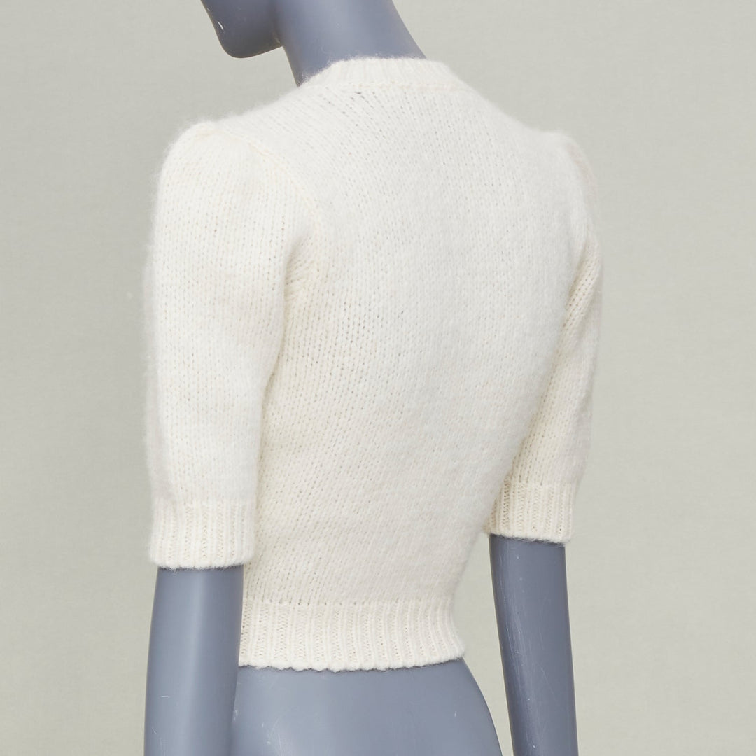 ALESSANDRA RICH 2023 fruit embroidered pointelle knit ivory alpaca top IT36 XS