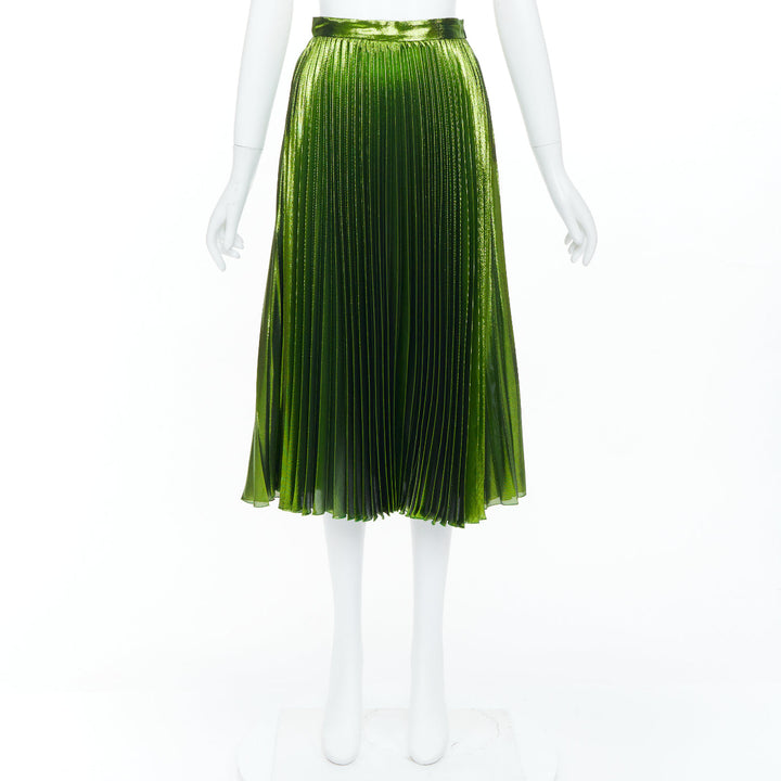 GUCCI 2016 Runway green metallic lame plisse silk blend pleated skirt IT36 XXS