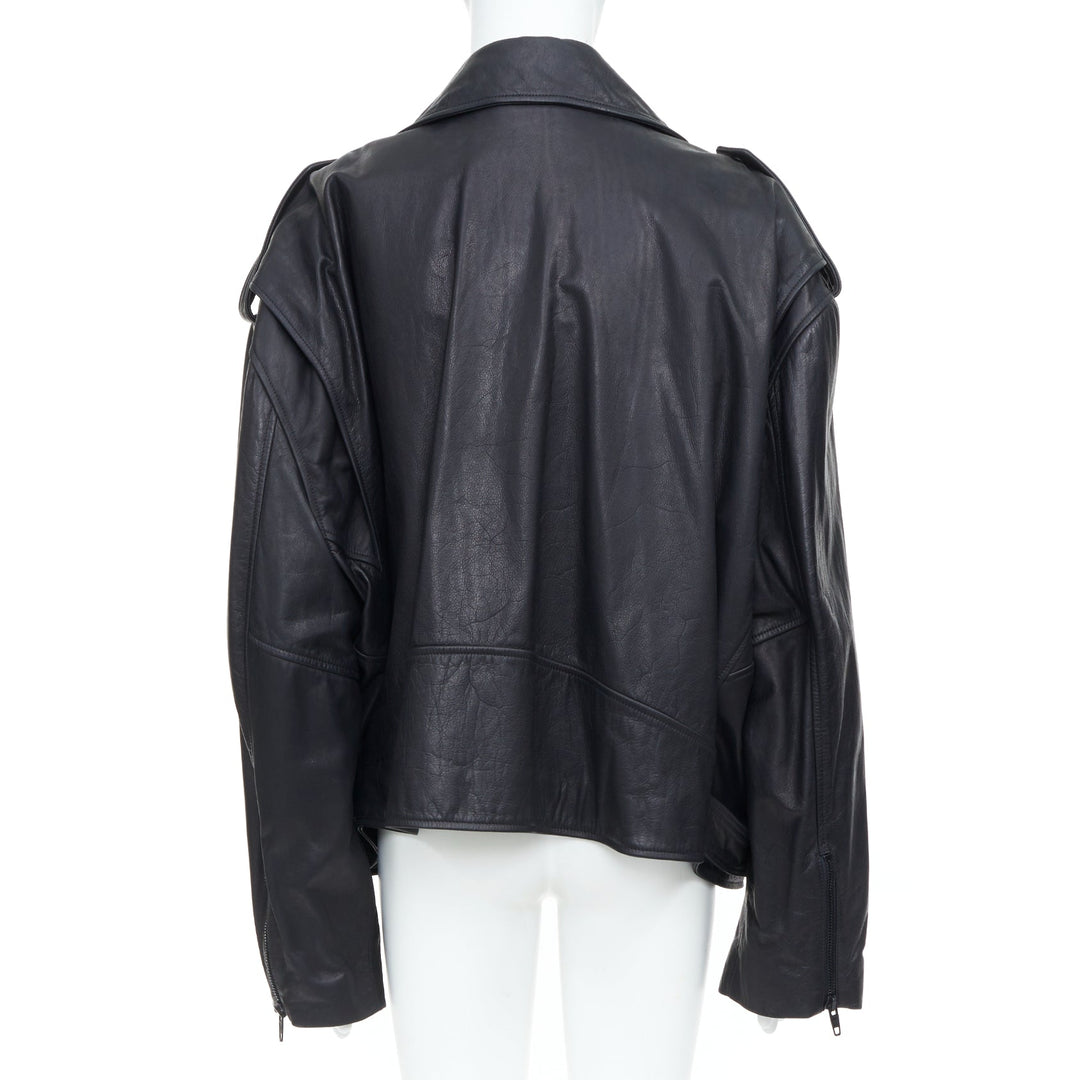BALENCIAGA 2024 Demna black super oversized cowhide leather moto biker jacket L