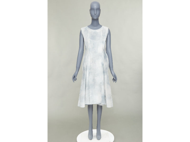 MARNI offwhite steel blue tie dye print cotton round neck layered dress IT36 XXS