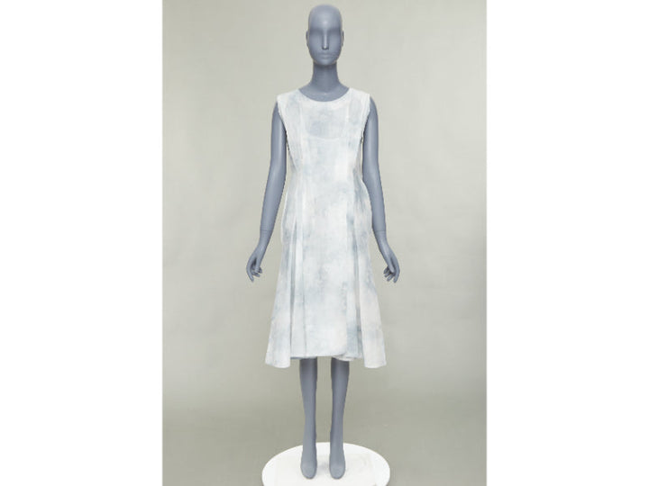 MARNI offwhite steel blue tie dye print cotton round neck layered dress IT36 XXS