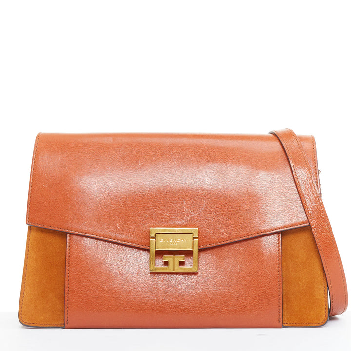GIVENCHY GV3 Small tan brown leather suede clasp structured crossbody bag