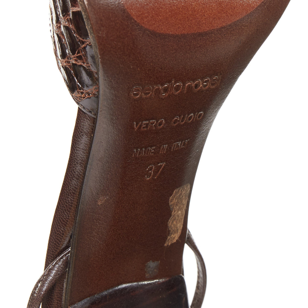 SERGIO ROSSI brown croc embossed leather high heel ankle strap pumps EU37 US7