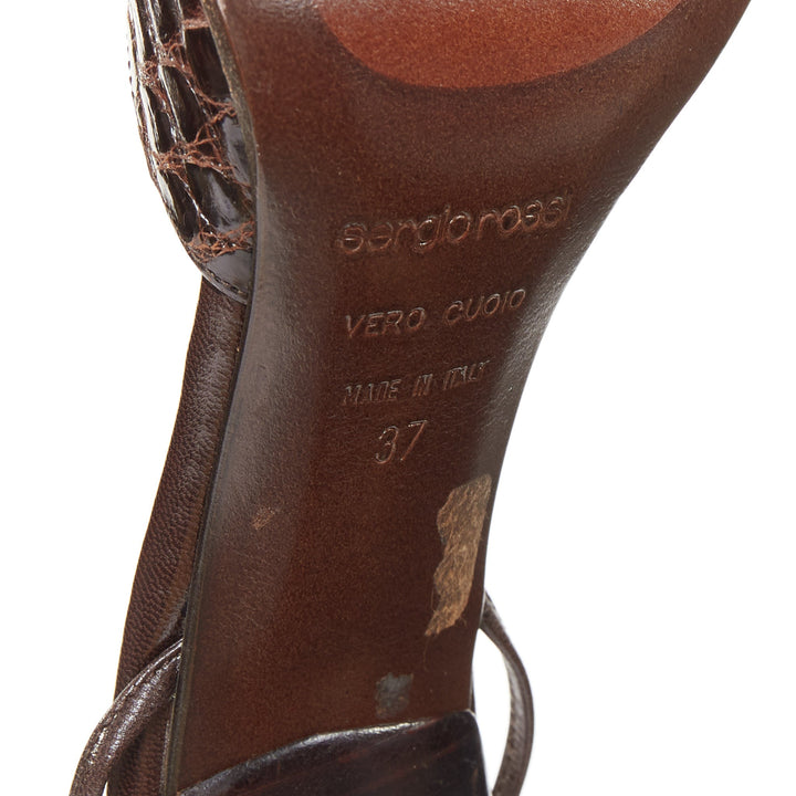 SERGIO ROSSI brown croc embossed leather high heel ankle strap pumps EU37 US7