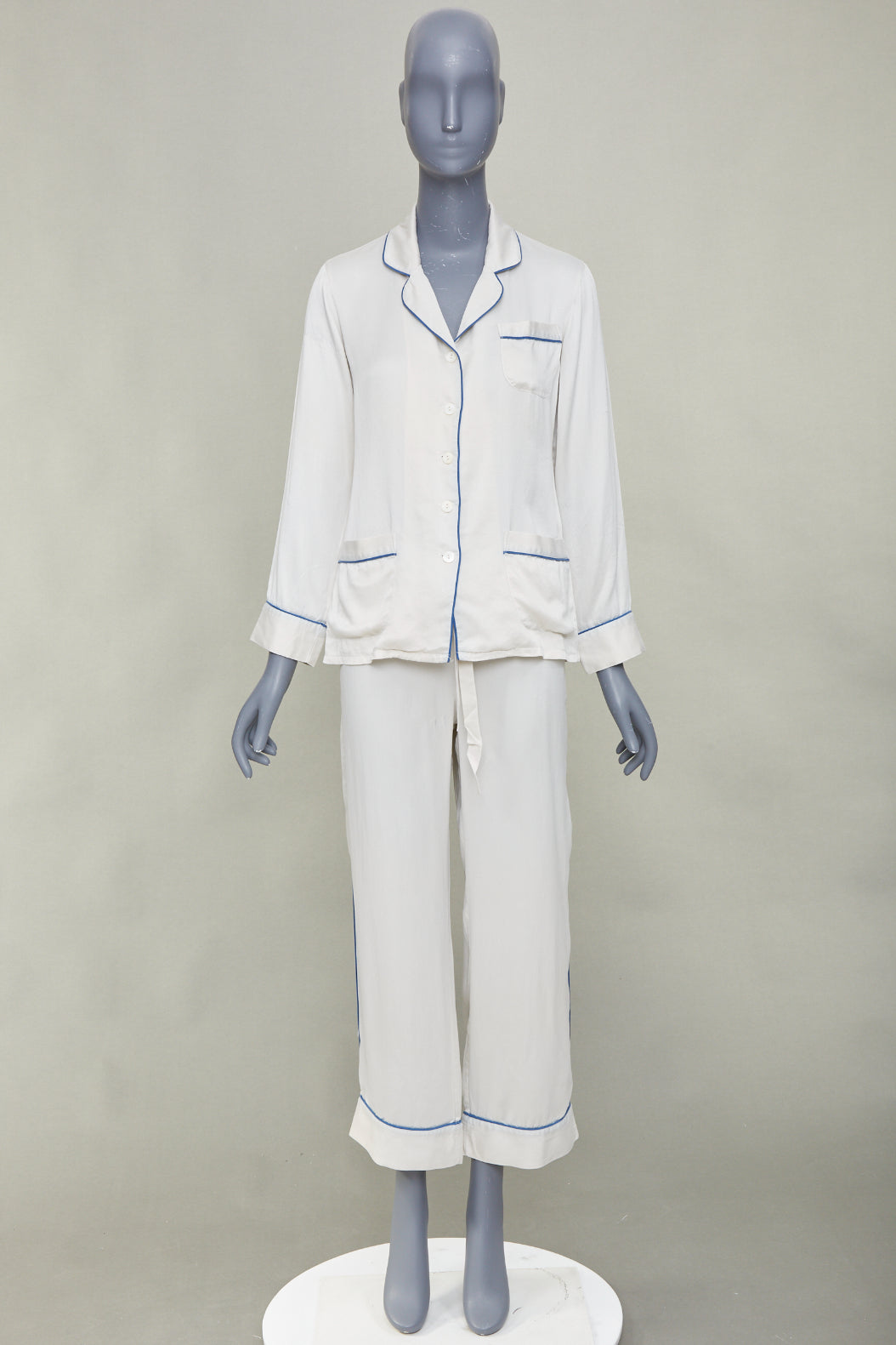 OLIVIA VON HALLE Coco ivory off white blue piping silk sleepwear set Sz1 S