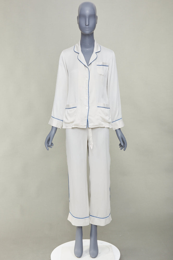 OLIVIA VON HALLE Coco ivory off white blue piping silk sleepwear set Sz1 S