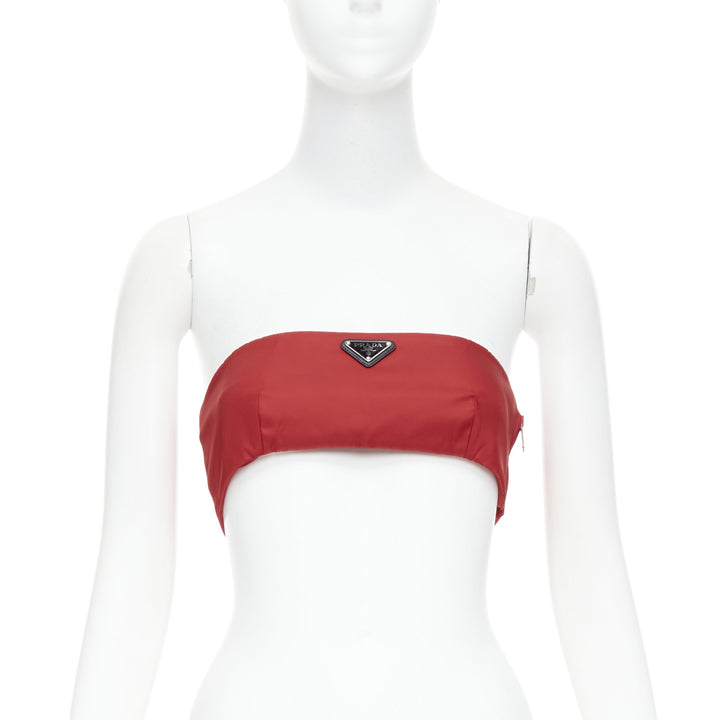 PRADA Re-Nylon red triangle logo plate strapless bustier tube top IT38 XS