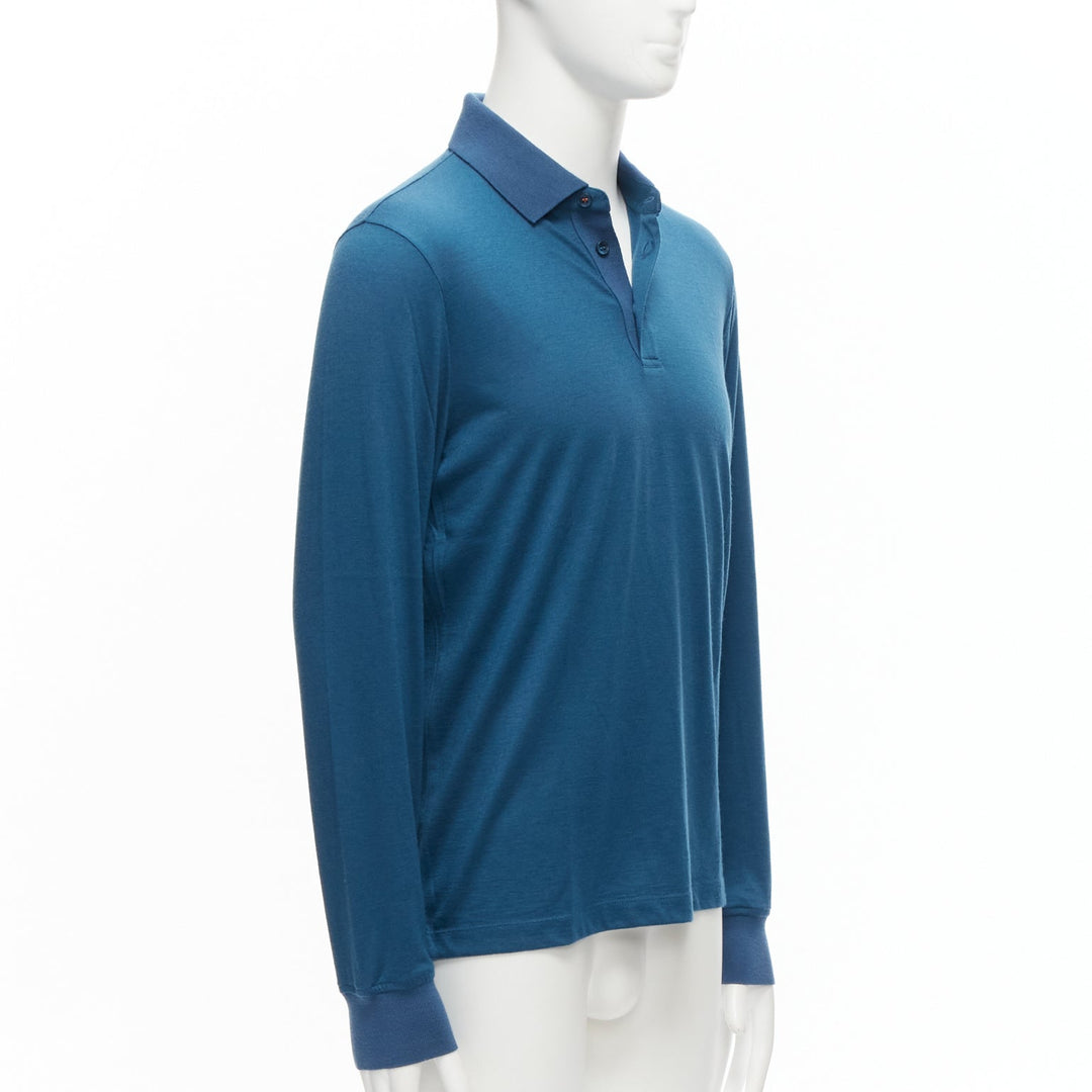 LORO PIANA teal blue 100% cashmere stitch button detail long sleeve polo shirt M