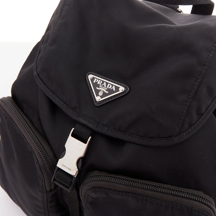 PRADA Re-Nylon Technical black silver logo triangle buckle small backpack bag