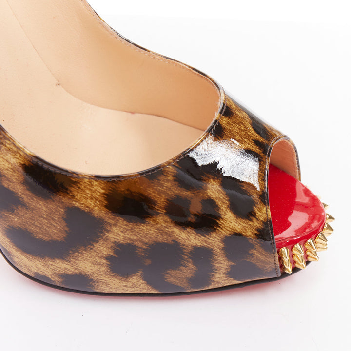 CHRISTIAN LOUBOUTIN Very Prive Spikes 120 brown leopard patent peep heels EU39