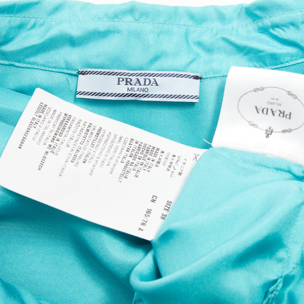 PRADA 2015 100% silk turquoise blue wide collar pocketed button-up shirt IT38 XS