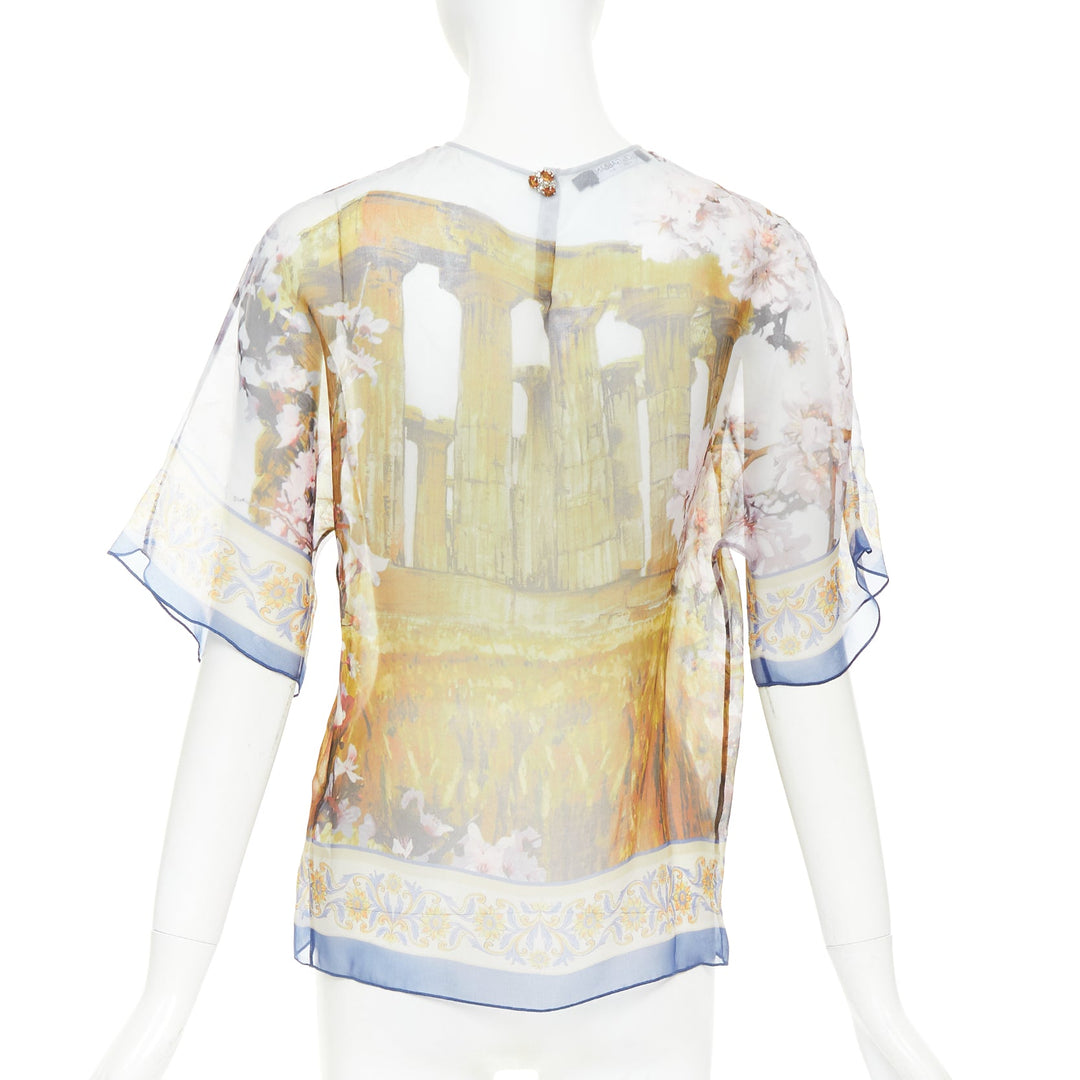 DOLCE GABBANA 100% silk sheer Rome Ruins floral print keyhole top IT36 XXS