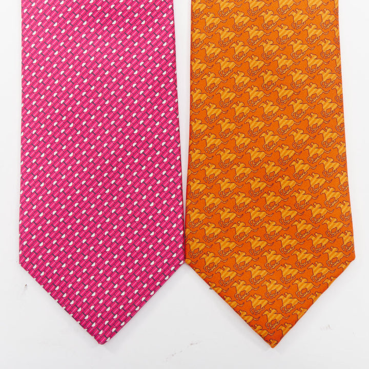 HERMES Set of 2 100% silk pink geometric orange horse rider pattern dress tie