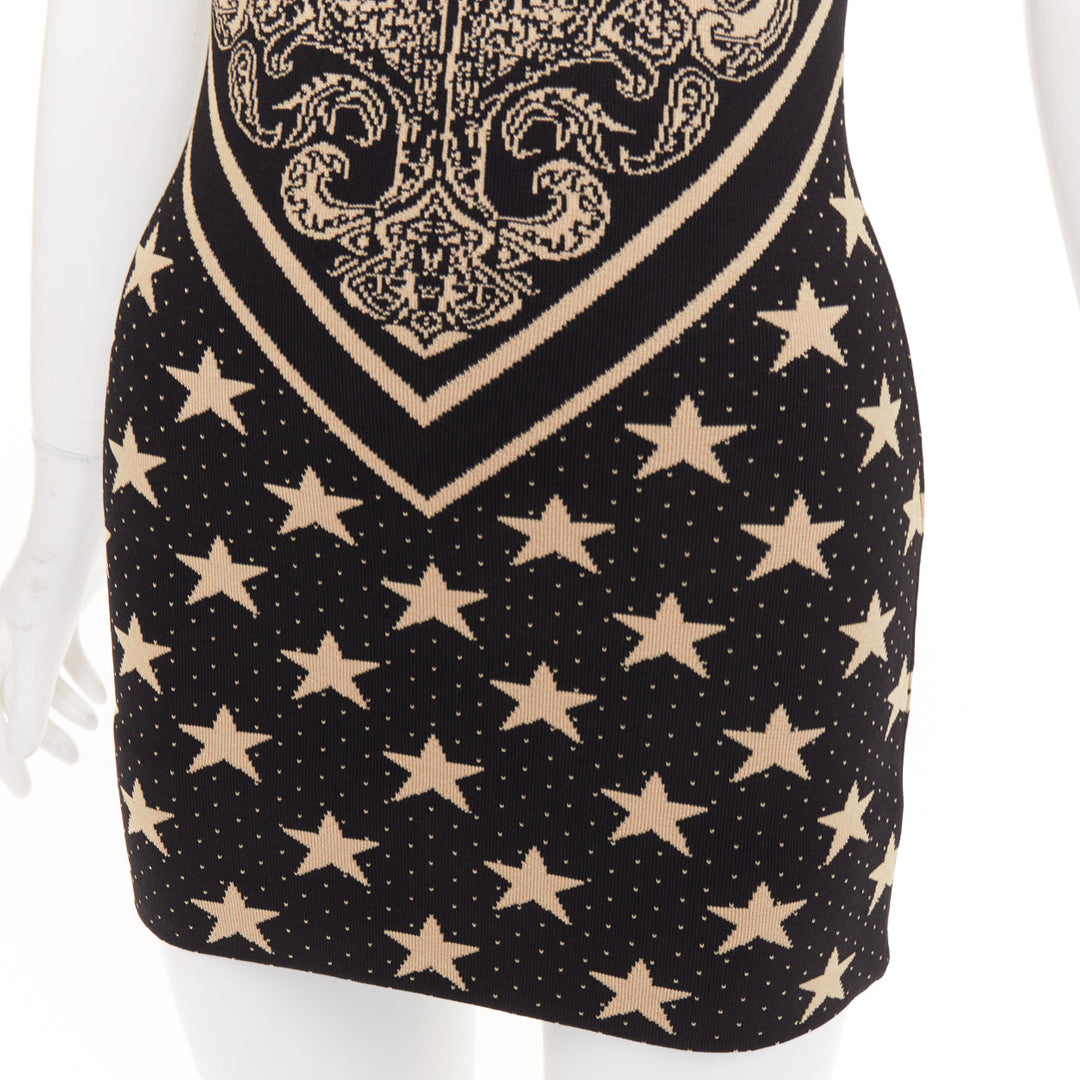 BALMAIN 2023 Ivoire Noir Star Baroque Paisley print intarsia knit dress FR36 S