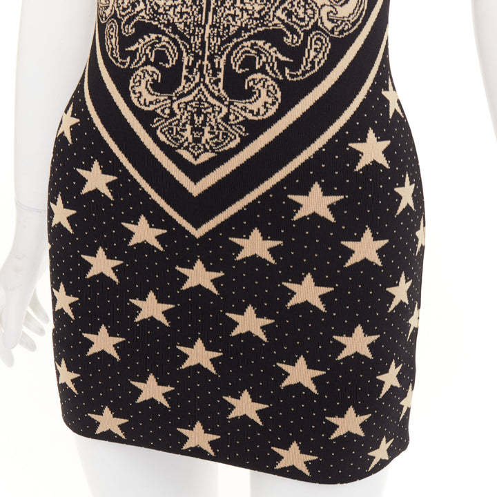 BALMAIN 2023 Ivoire Noir Star Baroque Paisley print intarsia knit dress FR36 S