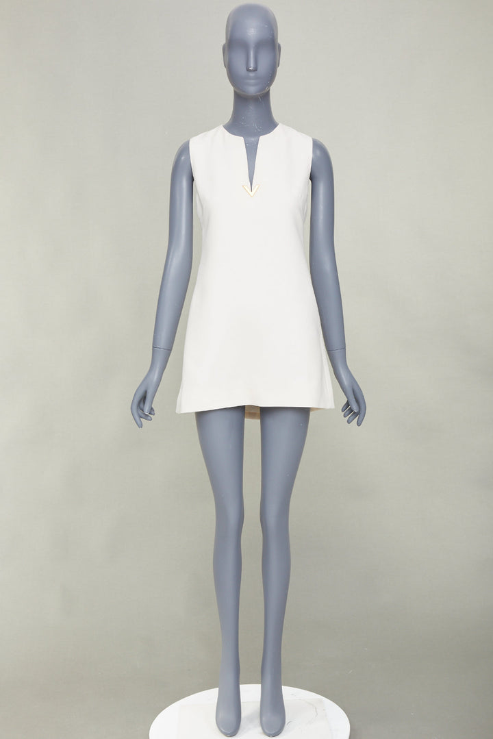 VALENTINO 2023 ivory wool silk crepe VGOLD logo metal plate neck dress IT38 XS