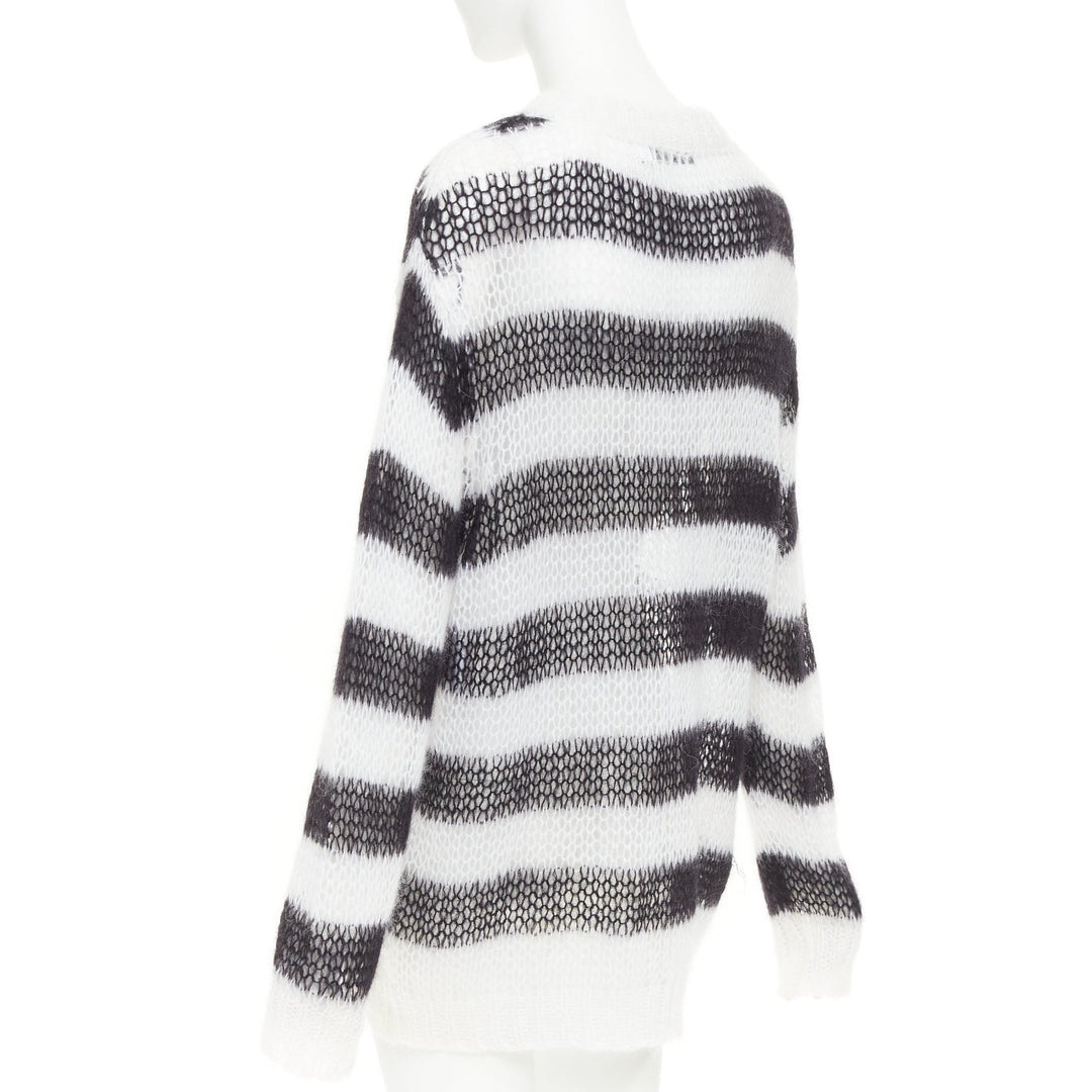 DIOR 2019 black white open knit mohair striped oversized sweater FR40 L