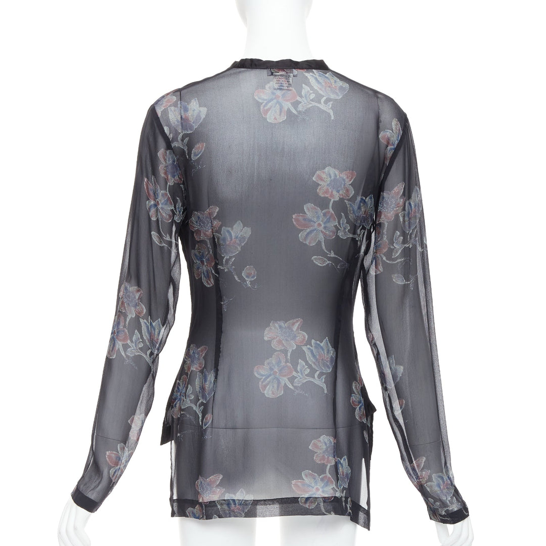 DRIES VAN NOTEN 1990s Vintage 100% silk floral sheer sleeve hi low blouse FR38 M