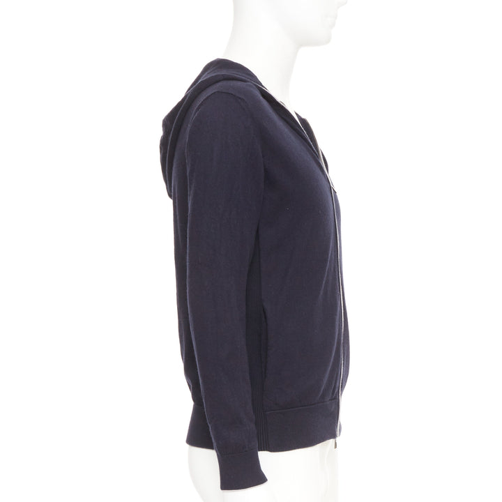 LORO PIANA navy cotton cashmere knit silver zip front hooded sweater hoodie M