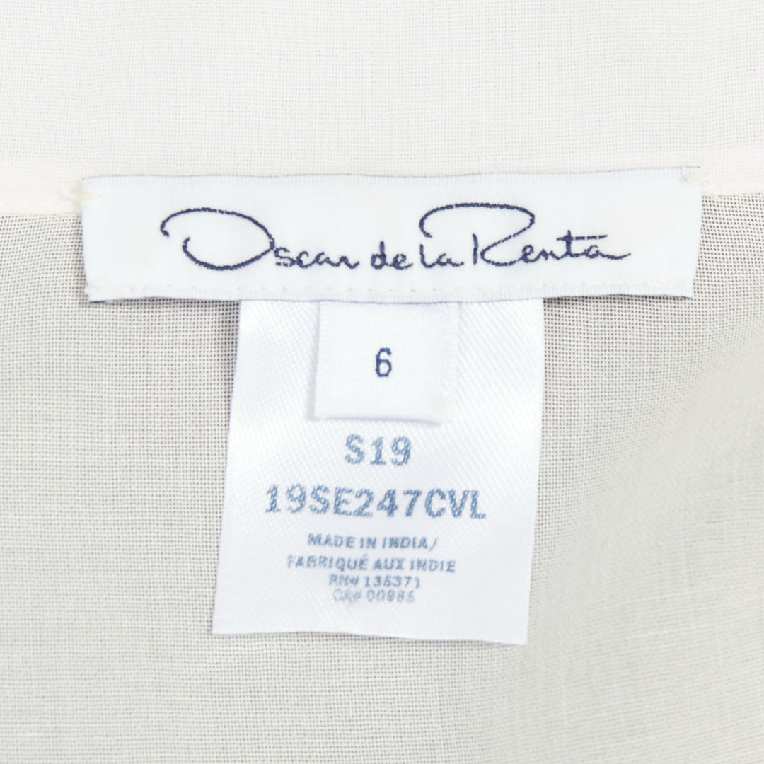 OSCAR DE LA RENTA Runway cream sheer embroidery shell belt anglais dress US6 M