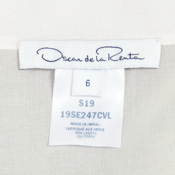 OSCAR DE LA RENTA Runway cream sheer embroidery shell belt anglais dress US6 M