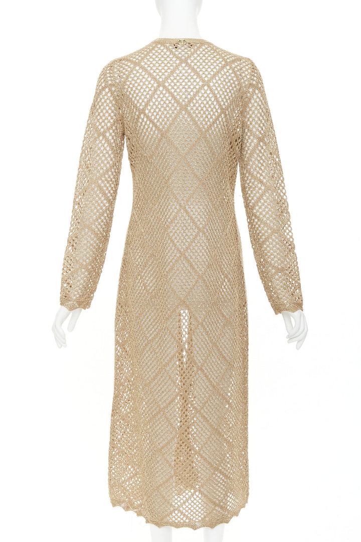 TWINSET 2024  metallic gold lurex mesh diamond open knit lace long cardigan M