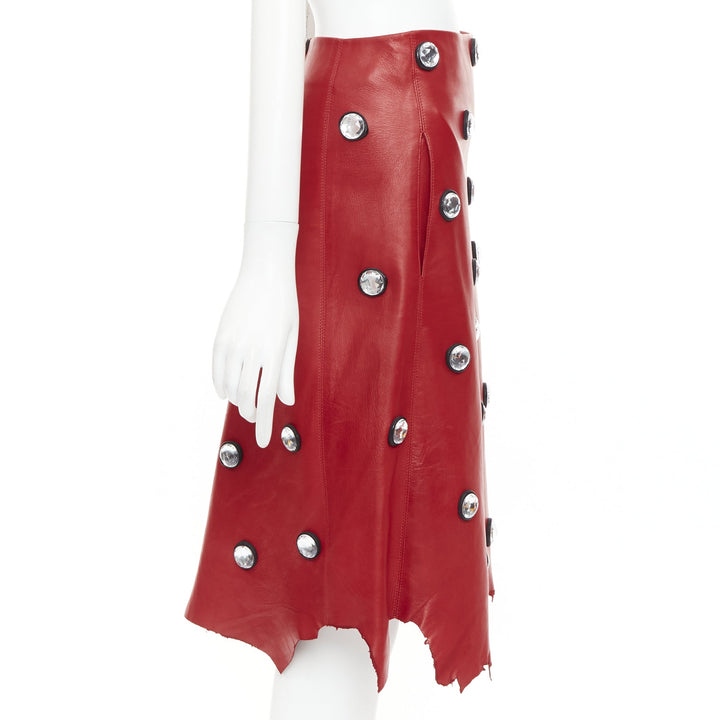 CELINE Phoebe Philo red lambskin leather acrylic stud jagged cut skirt FR34 XS