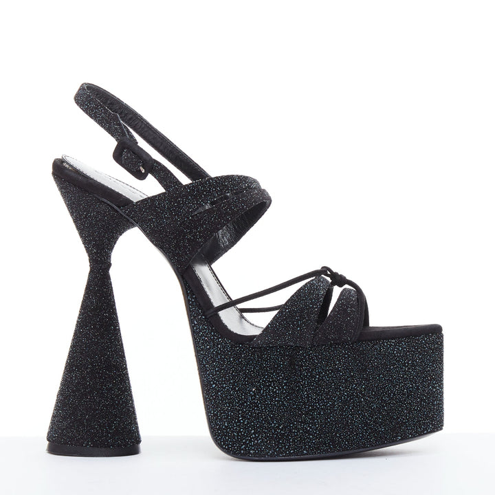 D'ACCORI Belle galactic black glitter textured platform sandal heels EU39