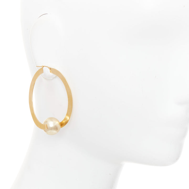rare OLD CELINE Phoebe Philo Flat Hoop faux pearl brass hoop pin earring Pair